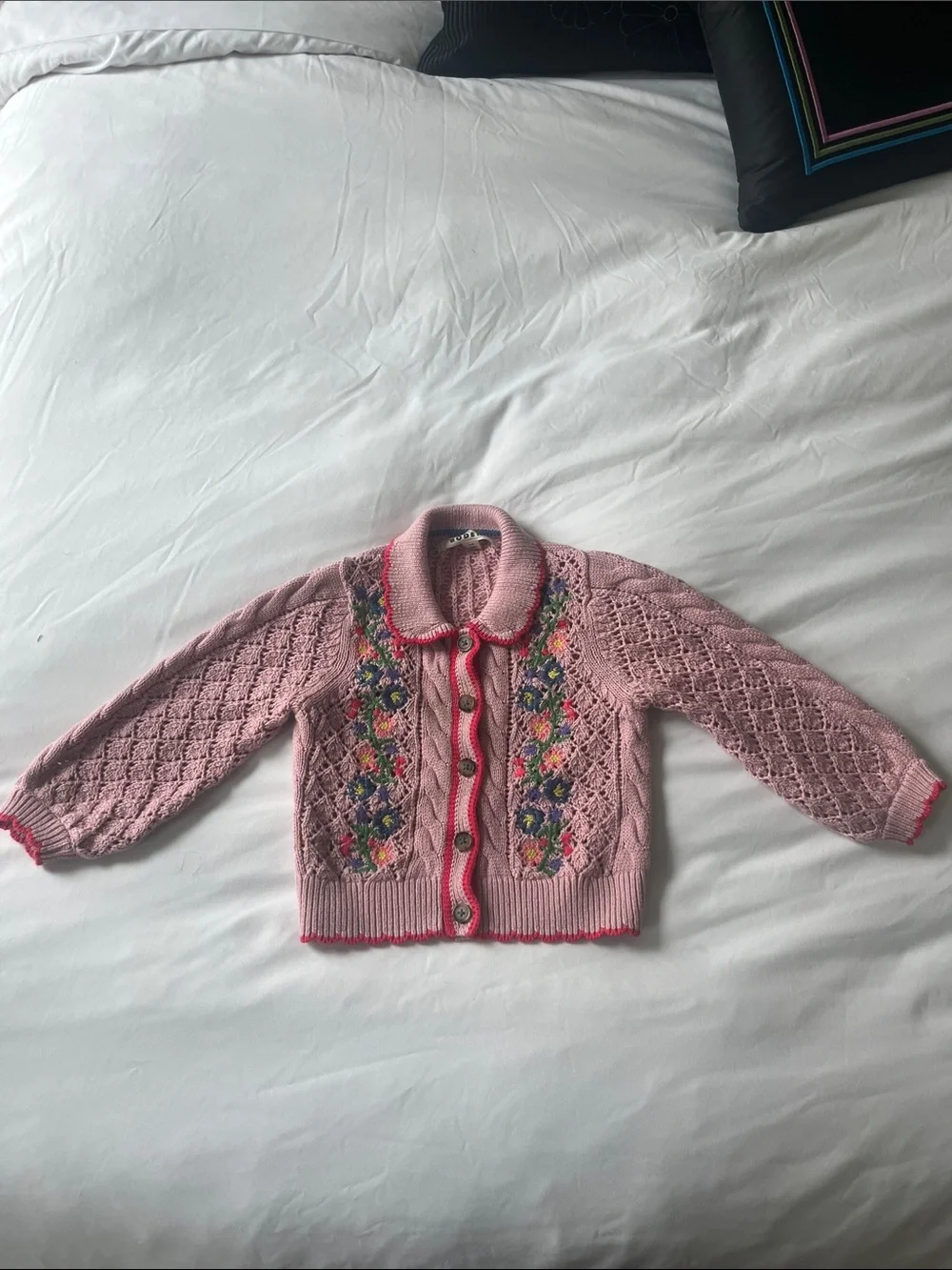 Mini Boden Pink Floral Embroidered Knit Cardigan